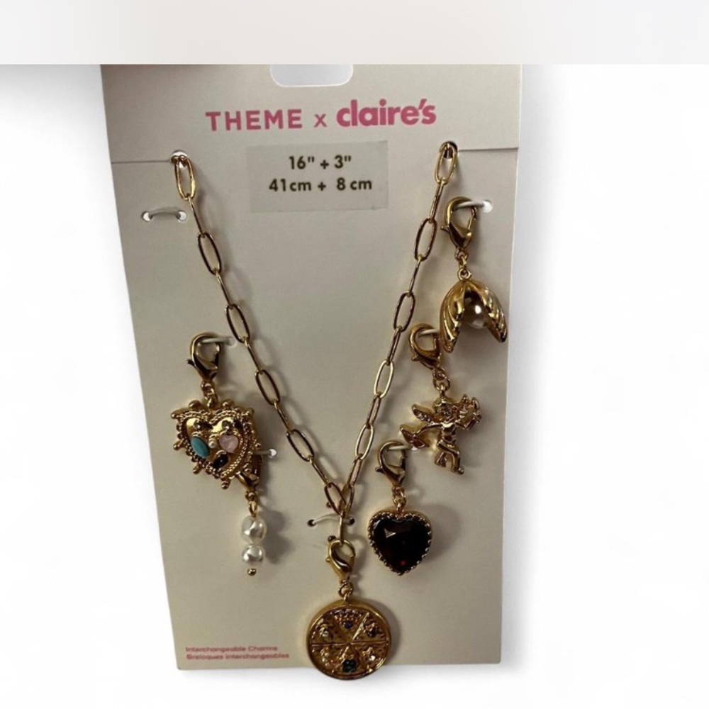 Claire's Gold Charm Necklace with Heart and Pearl Accents